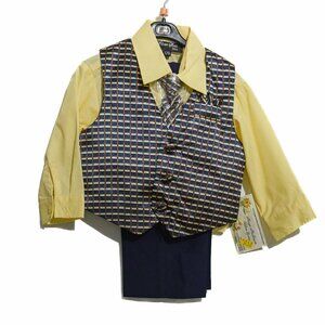 Silver Suit Boys 4-Pcs Suit Set Navy Pants Vest Yellow Shirt Tie Formal 12 M NWT